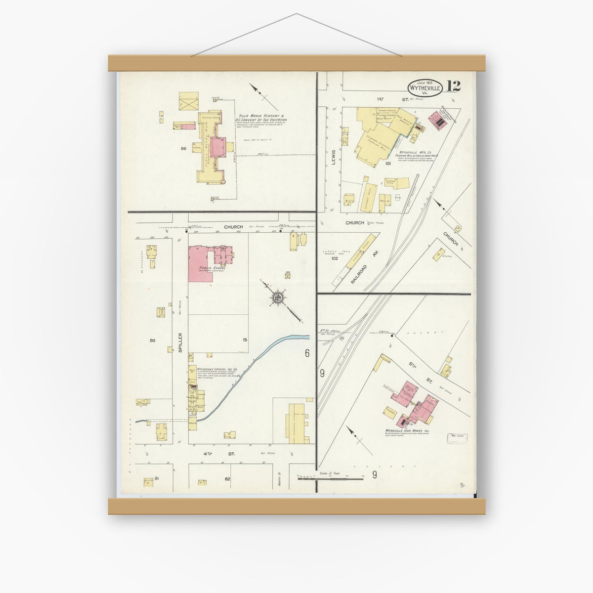 Old map wall art mockup — magnetic wood frame on white wall — Sanborn Fire Insurance Map from Wytheville, Wythe County, Virginia (1913), Sheet #0012
