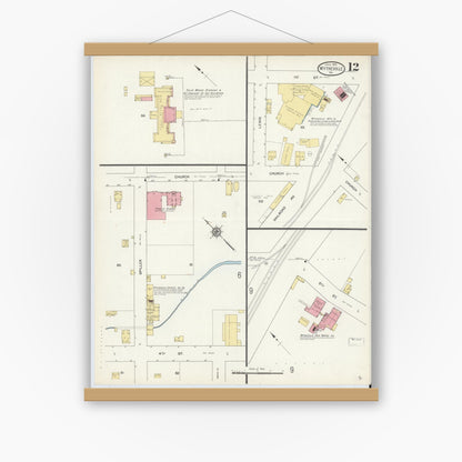 Old map wall art mockup — magnetic wood frame on white wall — Sanborn Fire Insurance Map from Wytheville, Wythe County, Virginia (1913), Sheet #0012