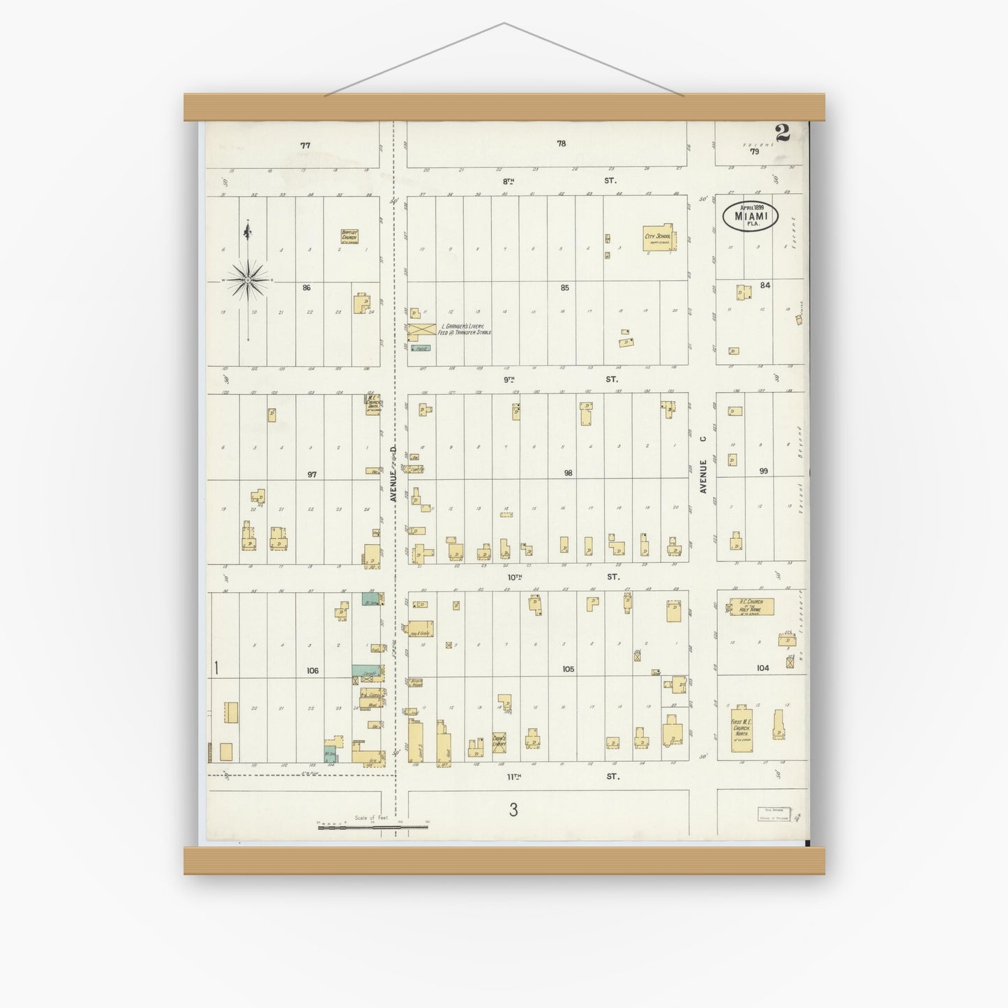Old map wall art mockup — magnetic wood frame on white wall — Sanborn Fire Insurance Map from Miami, Dade County, Florida (1899), Sheet #0002