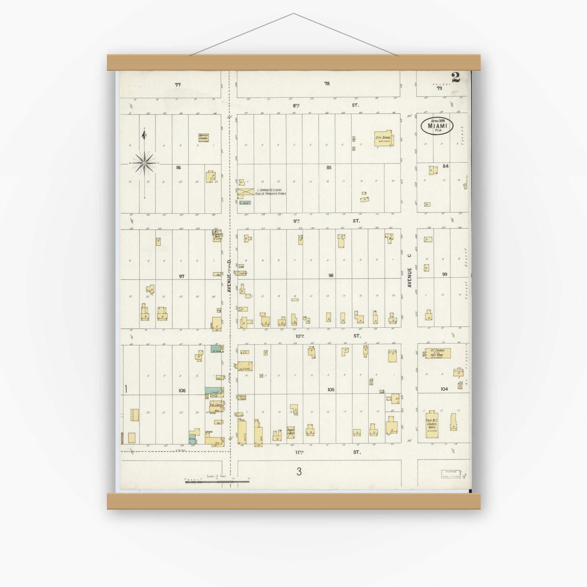 Old map wall art mockup — magnetic wood frame on white wall — Sanborn Fire Insurance Map from Miami, Dade County, Florida (1899), Sheet #0002