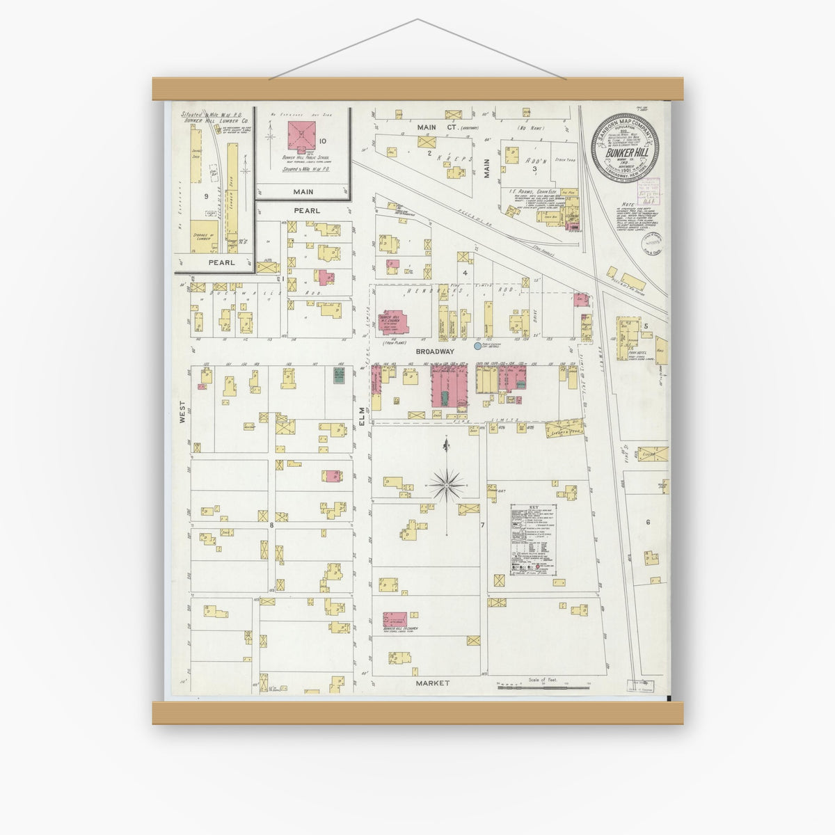 Old map wall art mockup — magnetic wood frame on white wall — Sanborn Fire Insurance Map from Bunker Hill, Miami County, Indiana (1901), Sheet #0001