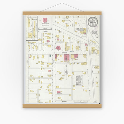 Old map wall art mockup — magnetic wood frame on white wall — Sanborn Fire Insurance Map from Bunker Hill, Miami County, Indiana (1901), Sheet #0001