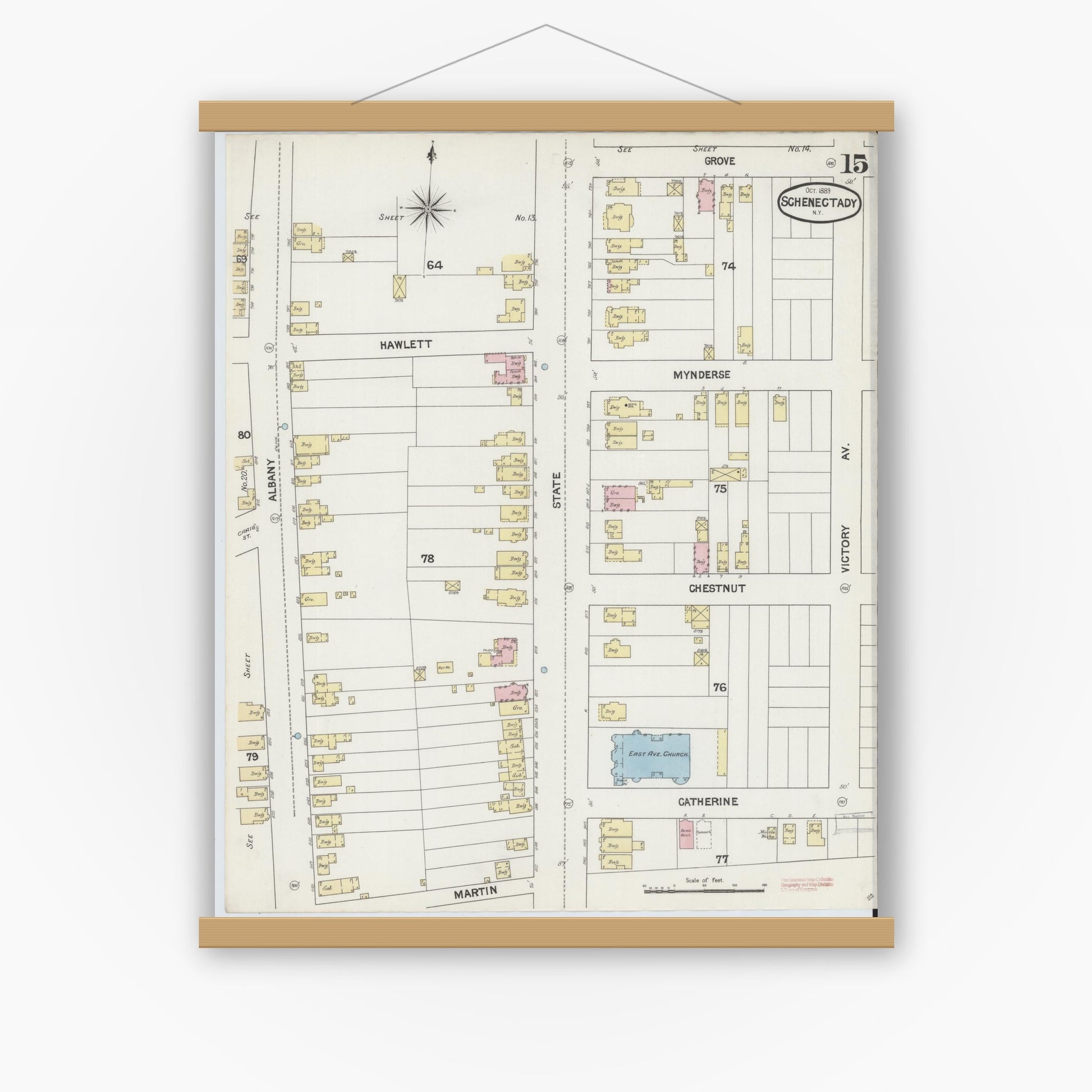 Old map wall art mockup — magnetic wood frame on white wall — Sanborn Fire Insurance Map from Schenectady, Schenectady County, New York (1889), Sheet #0015