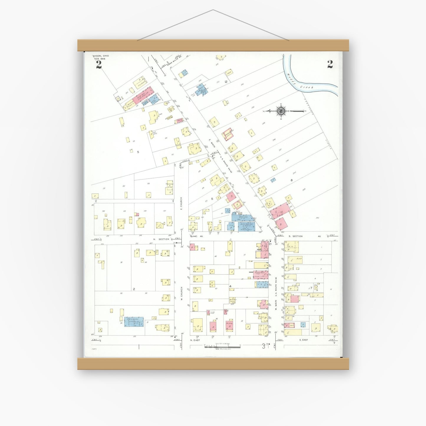 Old map wall art mockup — magnetic wood frame on white wall — Sanborn Fire Insurance Map from Mason, Warren County, Ohio (1946), Sheet #0002