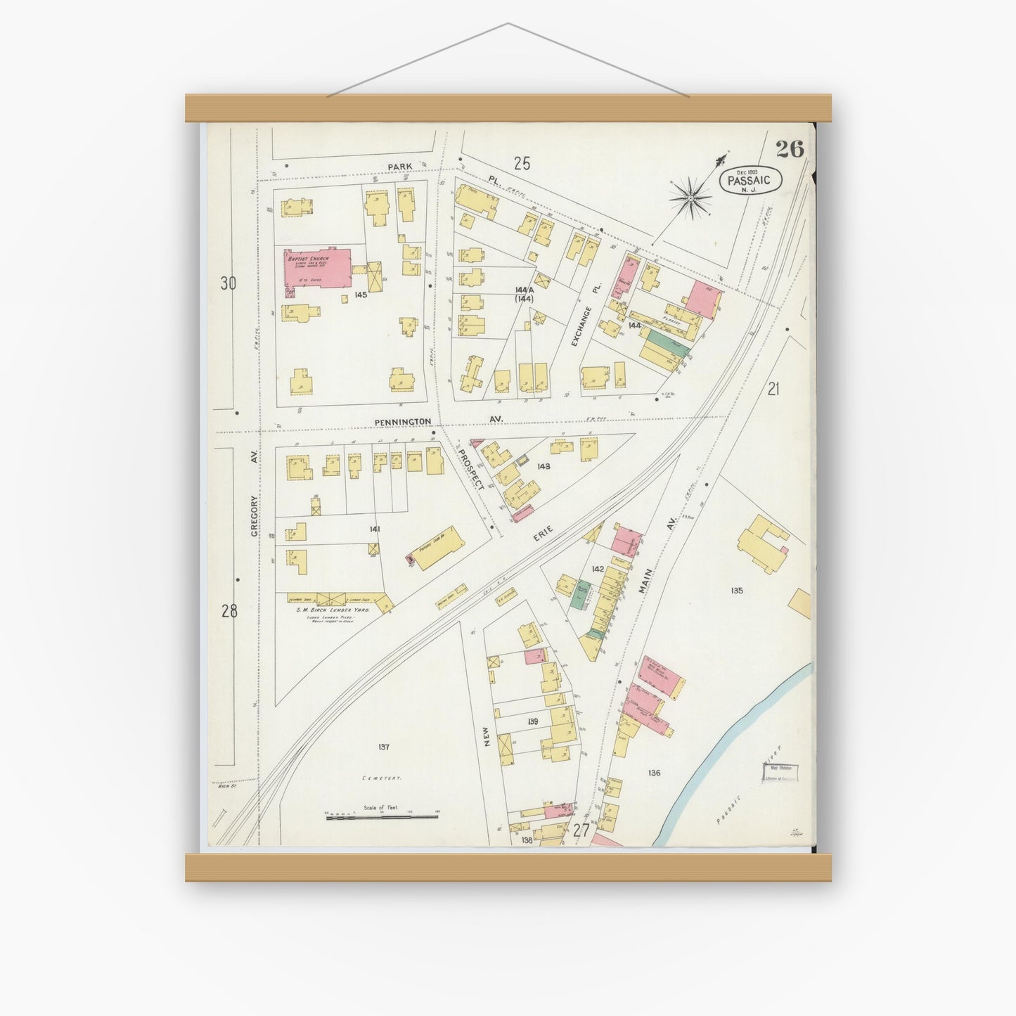 Old map wall art mockup — magnetic wood frame on white wall — Sanborn Fire Insurance Map from Passaic, Passaic County, New Jersey (1903), Sheet #0026