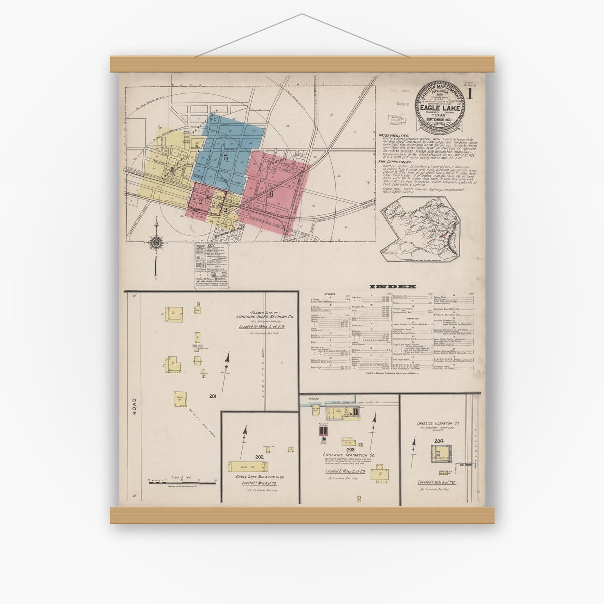 Old map wall art mockup — magnetic wood frame on white wall — Sanborn Fire Insurance Map from Eagle Lake, Colorado County, Texas (1922), Sheet #0001