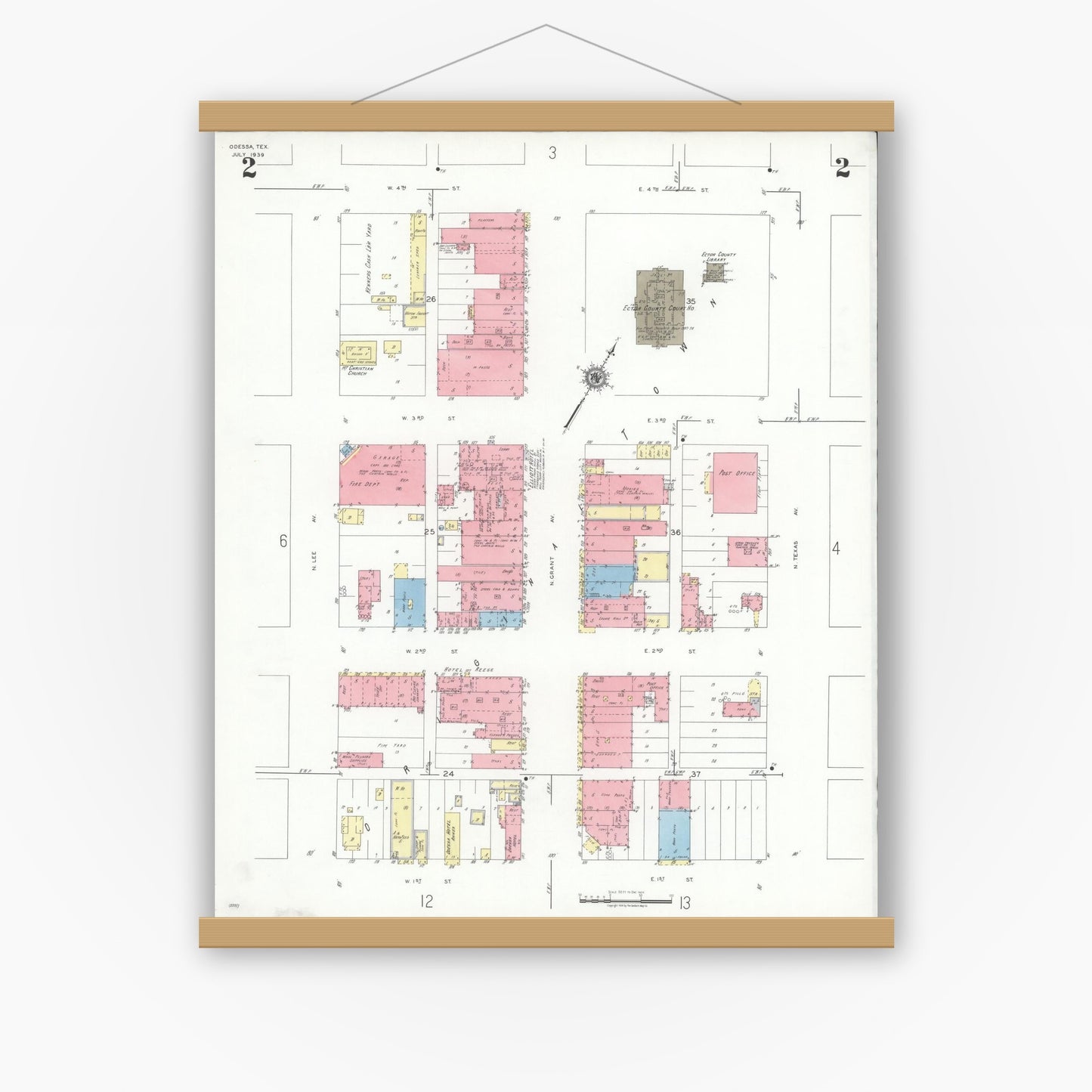 Old map wall art mockup — magnetic wood frame on white wall — Sanborn Fire Insurance Map from Odessa, Edger County, Texas (1939), Sheet #0002