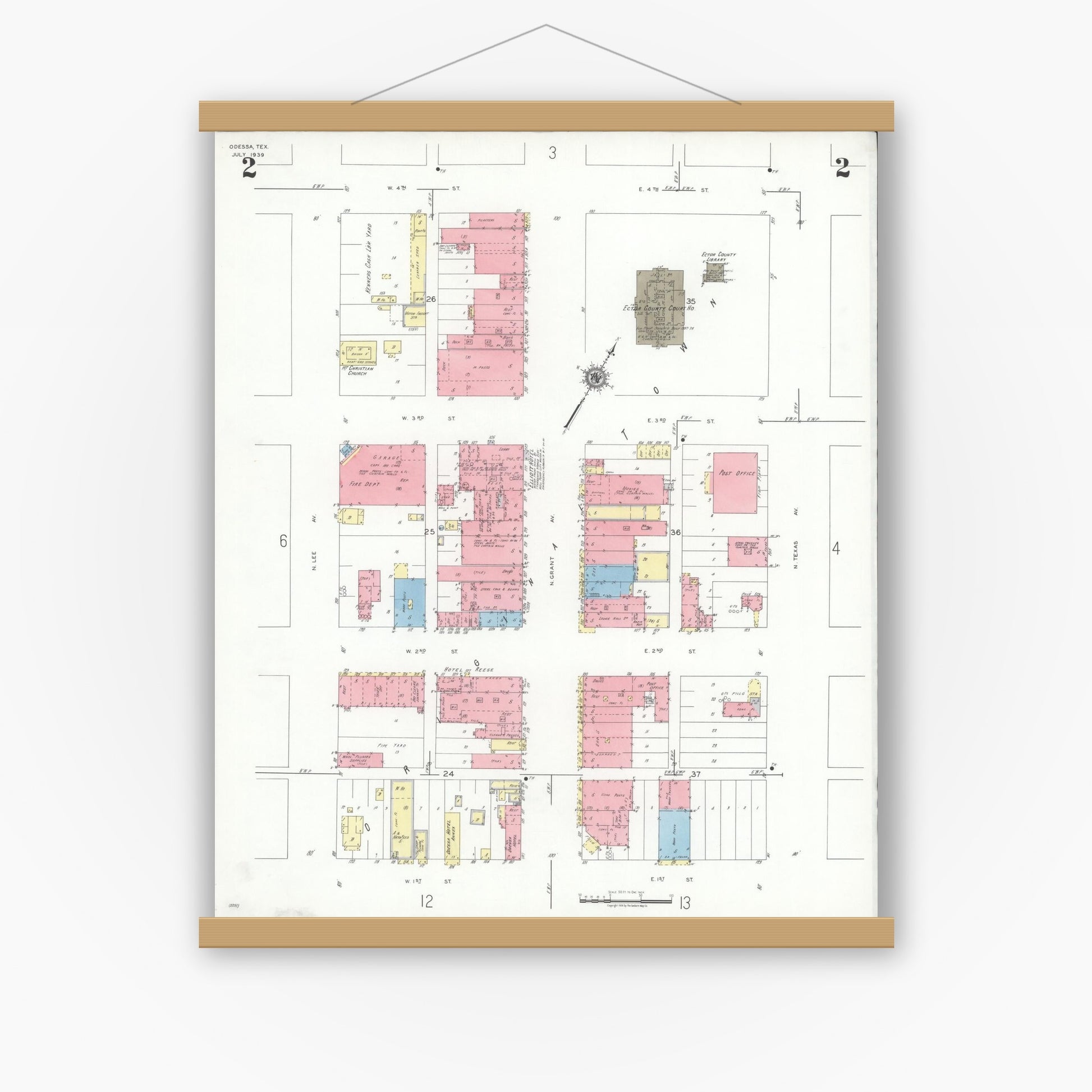 Old map wall art mockup — magnetic wood frame on white wall — Sanborn Fire Insurance Map from Odessa, Edger County, Texas (1939), Sheet #0002