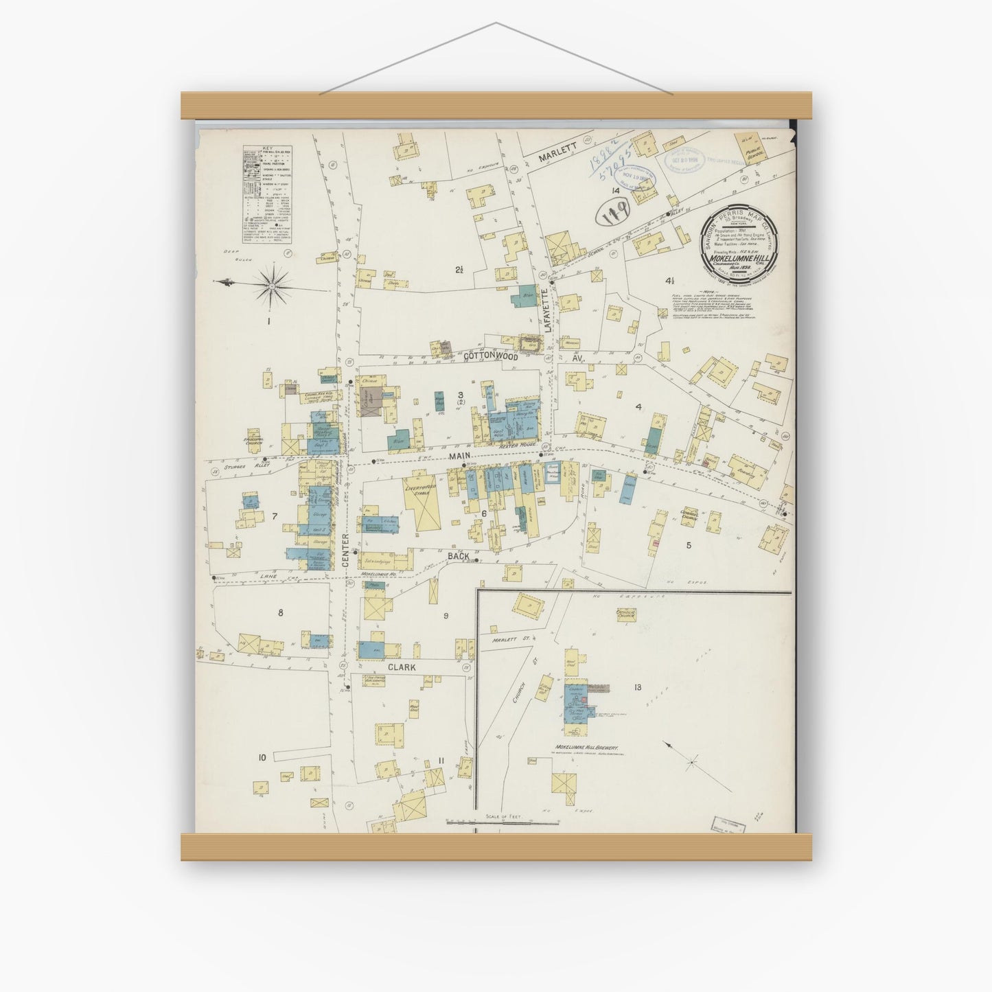 Old map wall art mockup — magnetic wood frame on white wall — Sanborn Fire Insurance Map from Mokelumne Hill, Calaveras County, California (1898), Sheet #0001