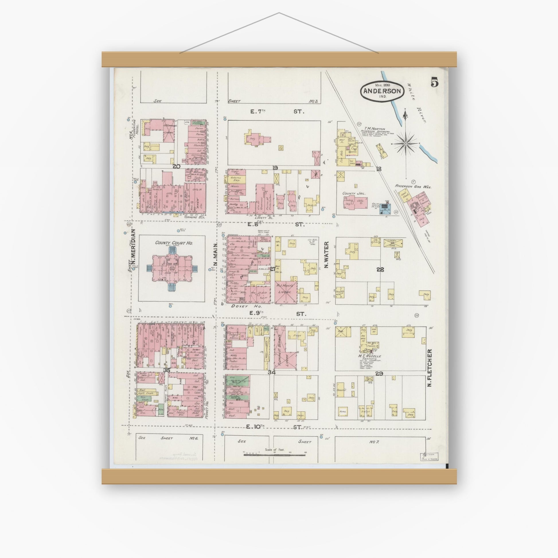 Old map wall art mockup — magnetic wood frame on white wall — Sanborn Fire Insurance Map from Anderson, Madison County, Indiana (1890), Sheet #0005