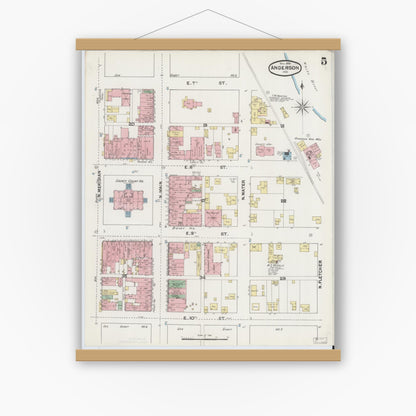 Old map wall art mockup — magnetic wood frame on white wall — Sanborn Fire Insurance Map from Anderson, Madison County, Indiana (1890), Sheet #0005