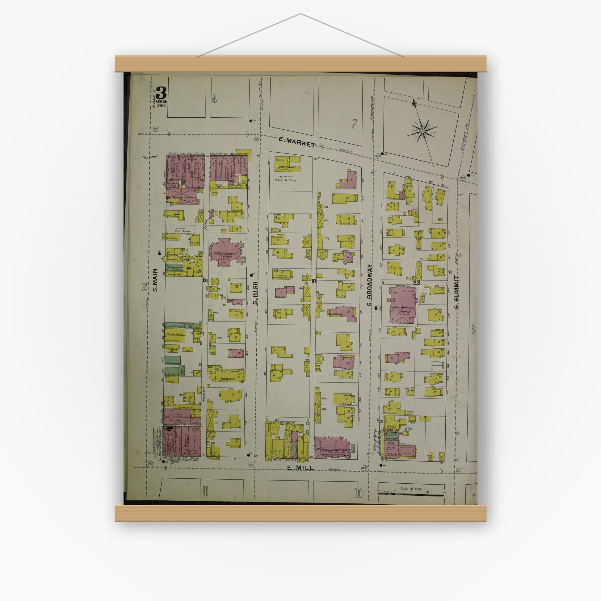 Old map wall art mockup — magnetic wood frame on white wall — Sanborn Fire Insurance Map from Akron, Summit County, Ohio (1892), Sheet #0003