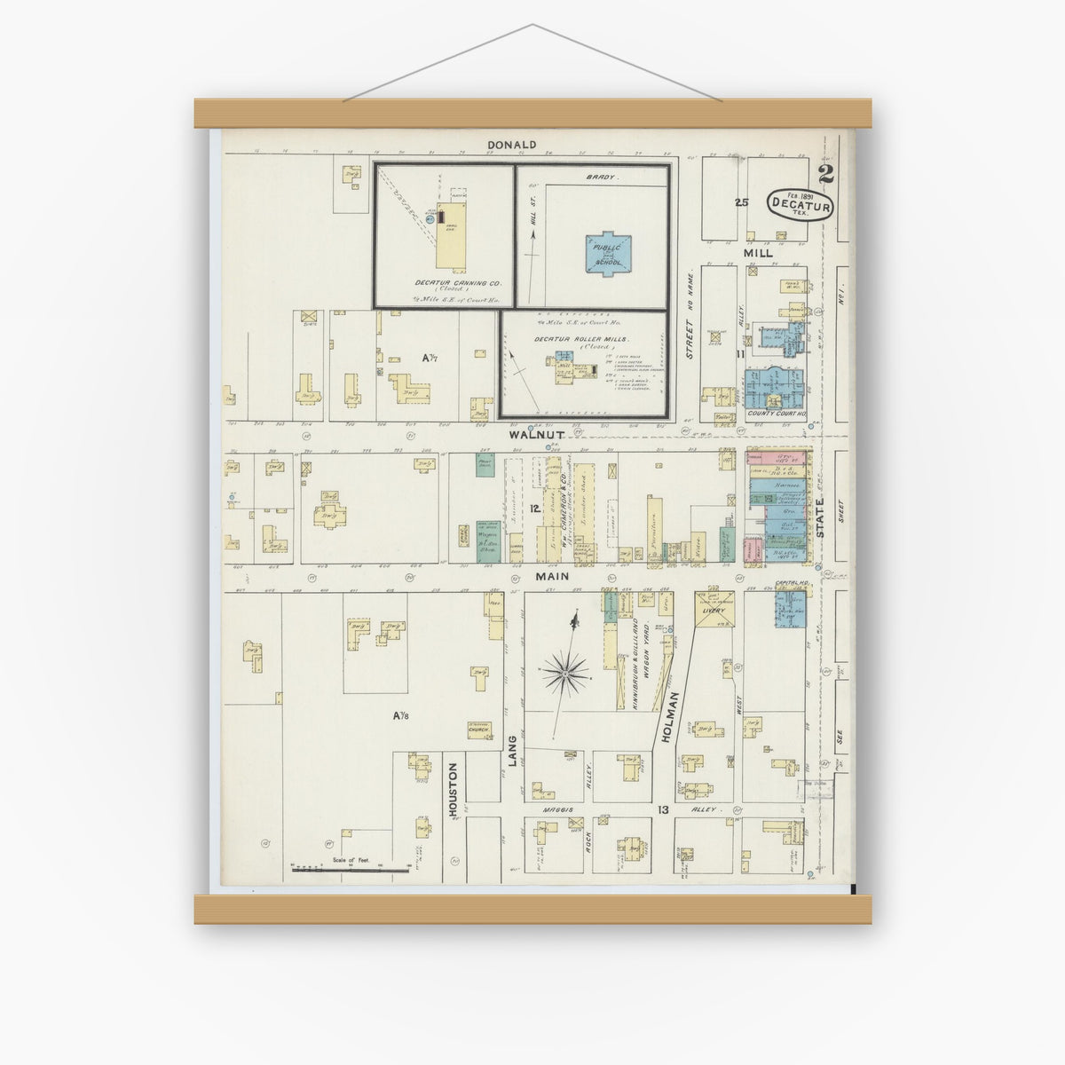 Old map wall art mockup — magnetic wood frame on white wall — Sanborn Fire Insurance Map from Decatur, Wise County, Texas (1891), Sheet #0002