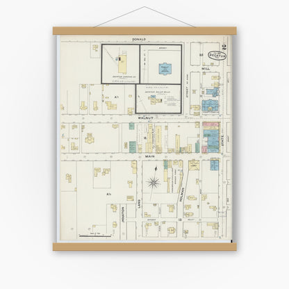 Old map wall art mockup — magnetic wood frame on white wall — Sanborn Fire Insurance Map from Decatur, Wise County, Texas (1891), Sheet #0002