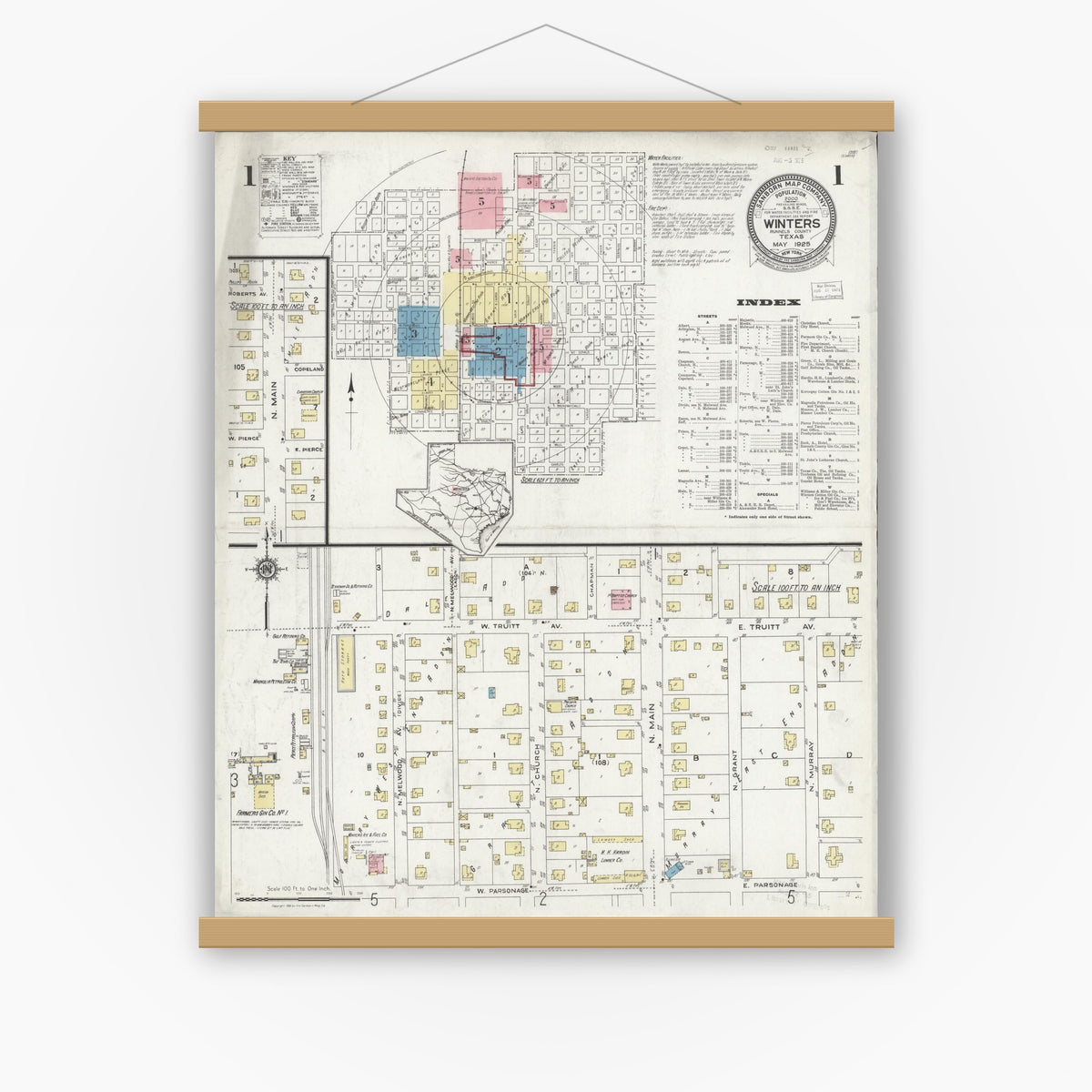 Old map wall art mockup — magnetic wood frame on white wall — Sanborn Fire Insurance Map from Winters, Runnels County, Texas (1925), Sheet #0001