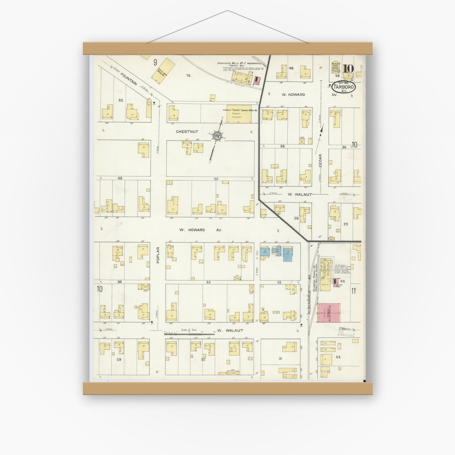 Old map wall art mockup — magnetic wood frame on white wall — Sanborn Fire Insurance Map from Tarboro, Edgecombe County, North Carolina (1913), Sheet #0010