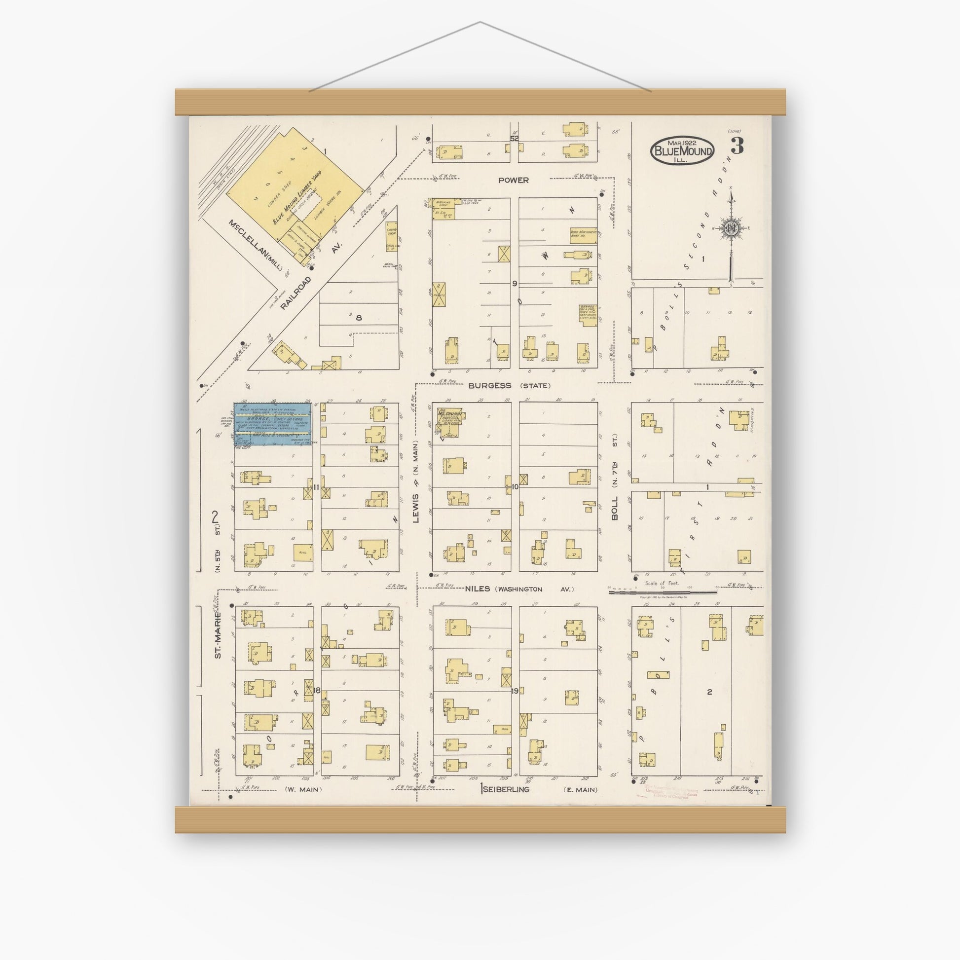 Old map wall art mockup — magnetic wood frame on white wall — Sanborn Fire Insurance Map from Blue Mound, Macon County, Illinois (1922), Sheet #0003