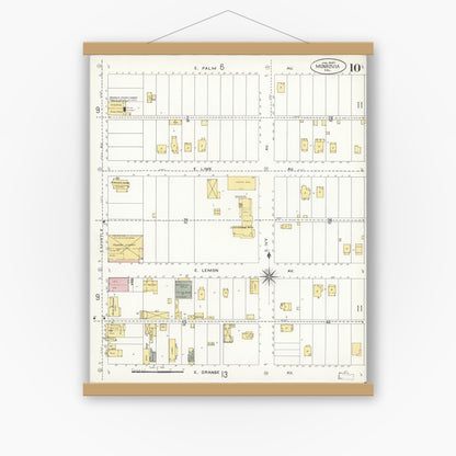 Old map wall art mockup — magnetic wood frame on white wall — Sanborn Fire Insurance Map from Monrovia, Los Angeles County, California (1907), Sheet #0010