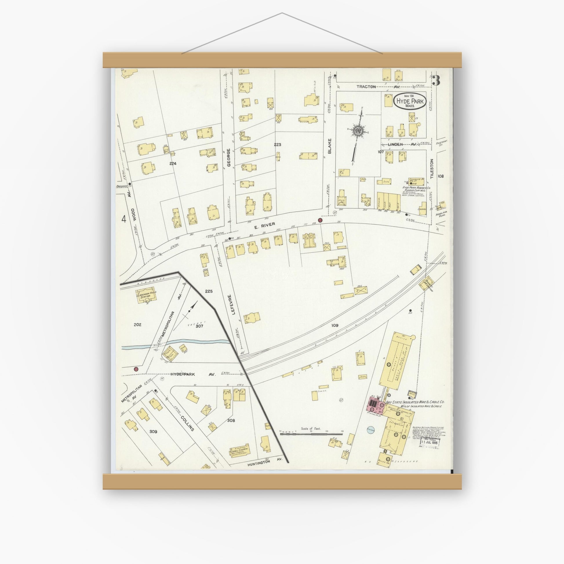 Old map wall art mockup — magnetic wood frame on white wall — Sanborn Fire Insurance Map from Hyde Park, Norfolk County, Massachusetts (1911), Sheet #0003