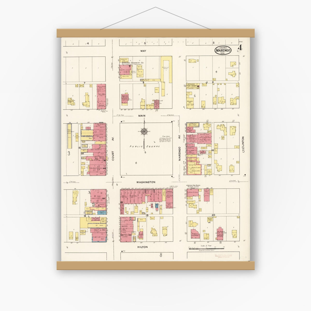 Old map wall art mockup — magnetic wood frame on white wall — Sanborn Fire Insurance Map from Marengo, Iowa County, Iowa (1922), Sheet #0004