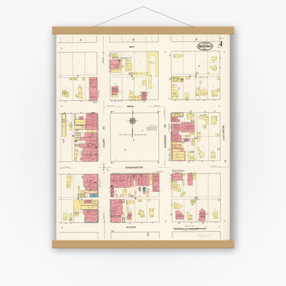 Old map wall art mockup — magnetic wood frame on white wall — Sanborn Fire Insurance Map from Marengo, Iowa County, Iowa (1922), Sheet #0004