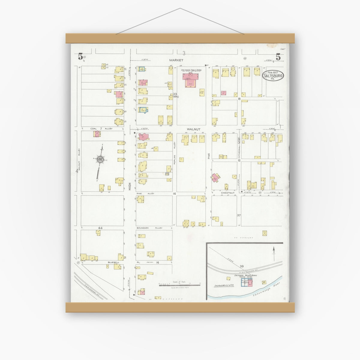 Old map wall art mockup — magnetic wood frame on white wall — Sanborn Fire Insurance Map from Saltsburg, Indiana County, Pennsylvania (1927), Sheet #0005