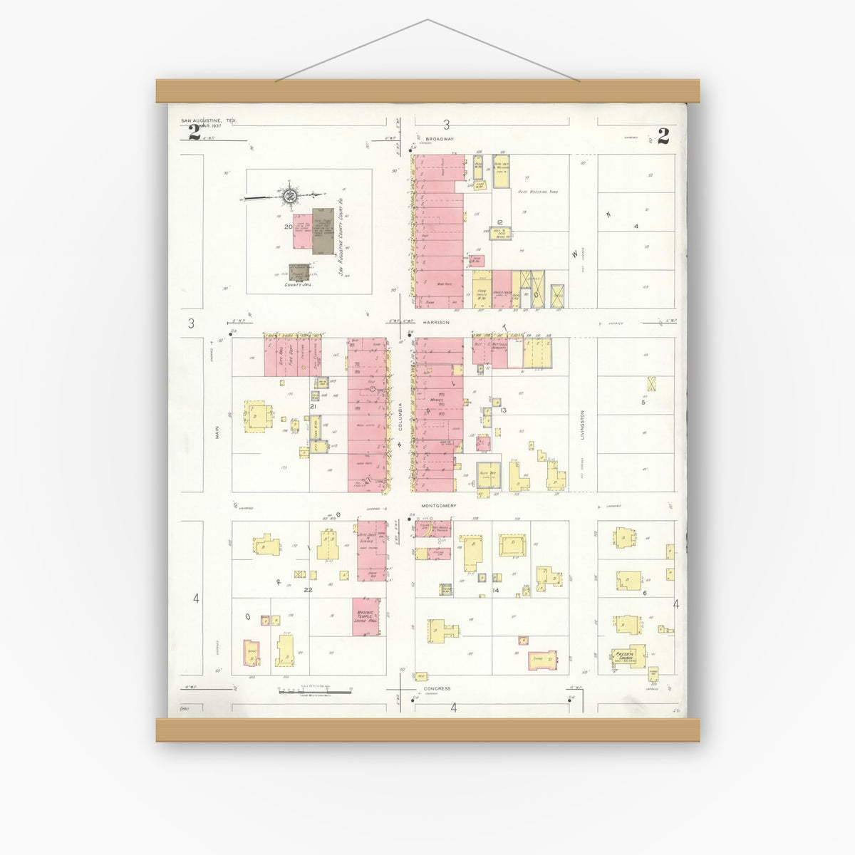 Old map wall art mockup — magnetic wood frame on white wall — Sanborn Fire Insurance Map from San Augustine, San Augustine County, Texas (1937), Sheet #0002