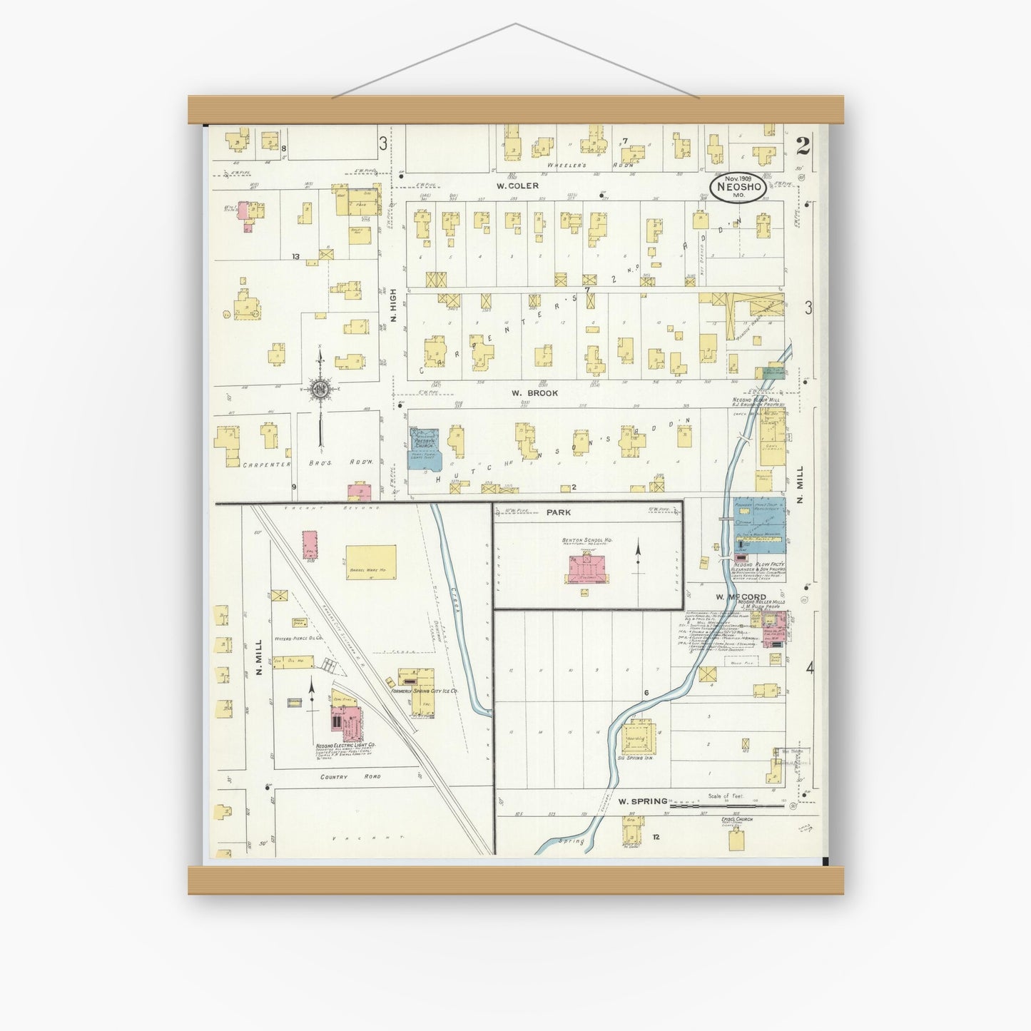 Old map wall art mockup — magnetic wood frame on white wall — Sanborn Fire Insurance Map from Neosho, Newton County, Missouri (1909), Sheet #0002