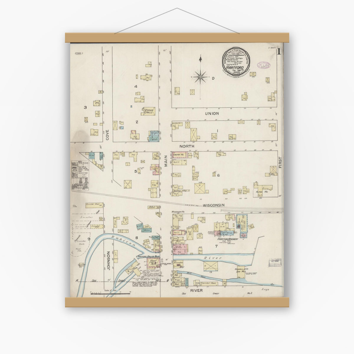 Old map wall art mockup — magnetic wood frame on white wall — Sanborn Fire Insurance Map from Hartford, Washington County, Wisconsin (1887) - Complete Map Set