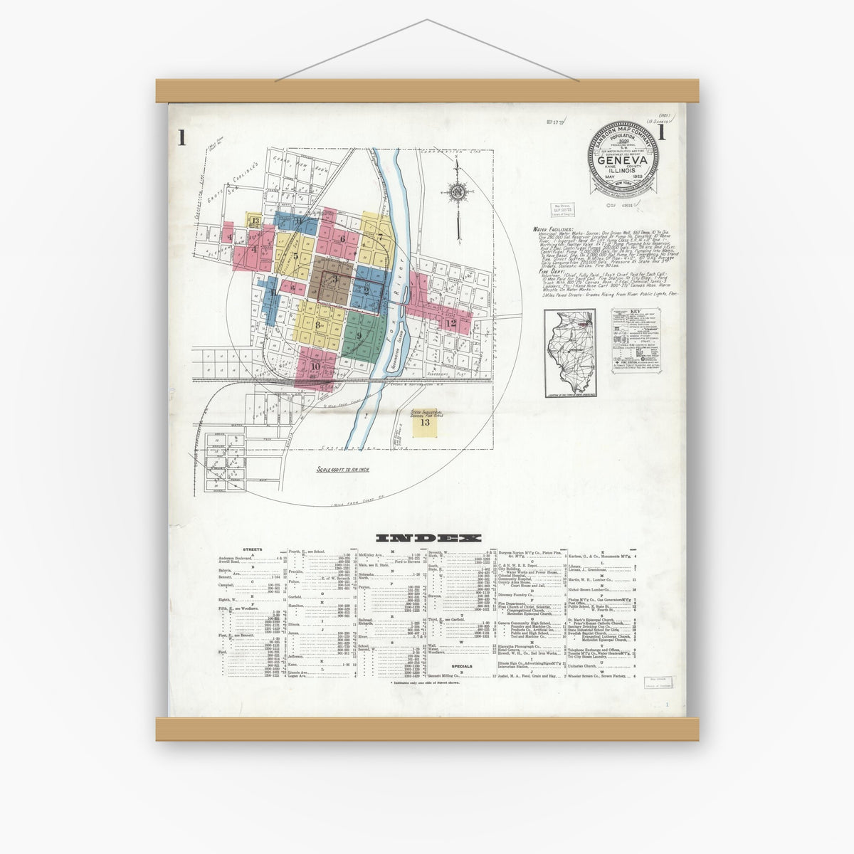 Old map wall art mockup — magnetic wood frame on white wall — Sanborn Fire Insurance Map from Geneva, Kane County, Illinois (1923) - Complete Map Set