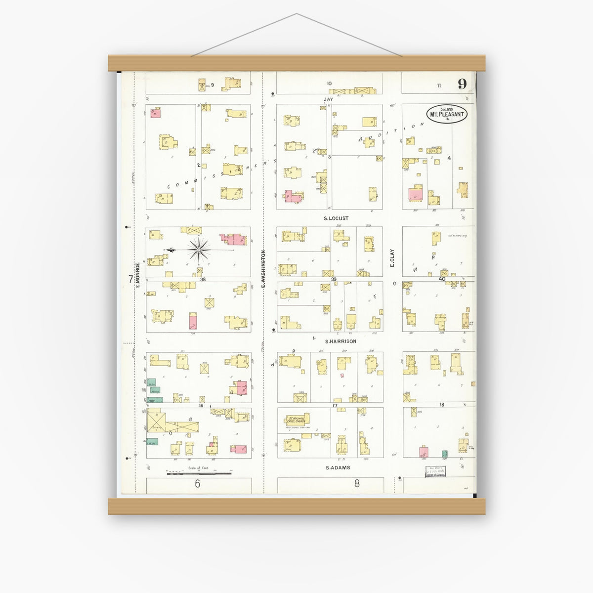 Old map wall art mockup — magnetic wood frame on white wall — Sanborn Fire Insurance Map from Mount Pleasant, Henry County, Iowa (1899), Sheet #0009