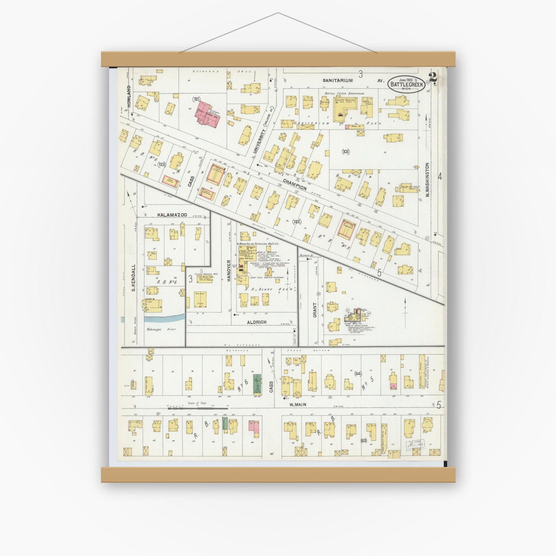 Old map wall art mockup — magnetic wood frame on white wall — Sanborn Fire Insurance Map from Battle Creek, Calhoun County, Michigan (1902), Sheet #0002