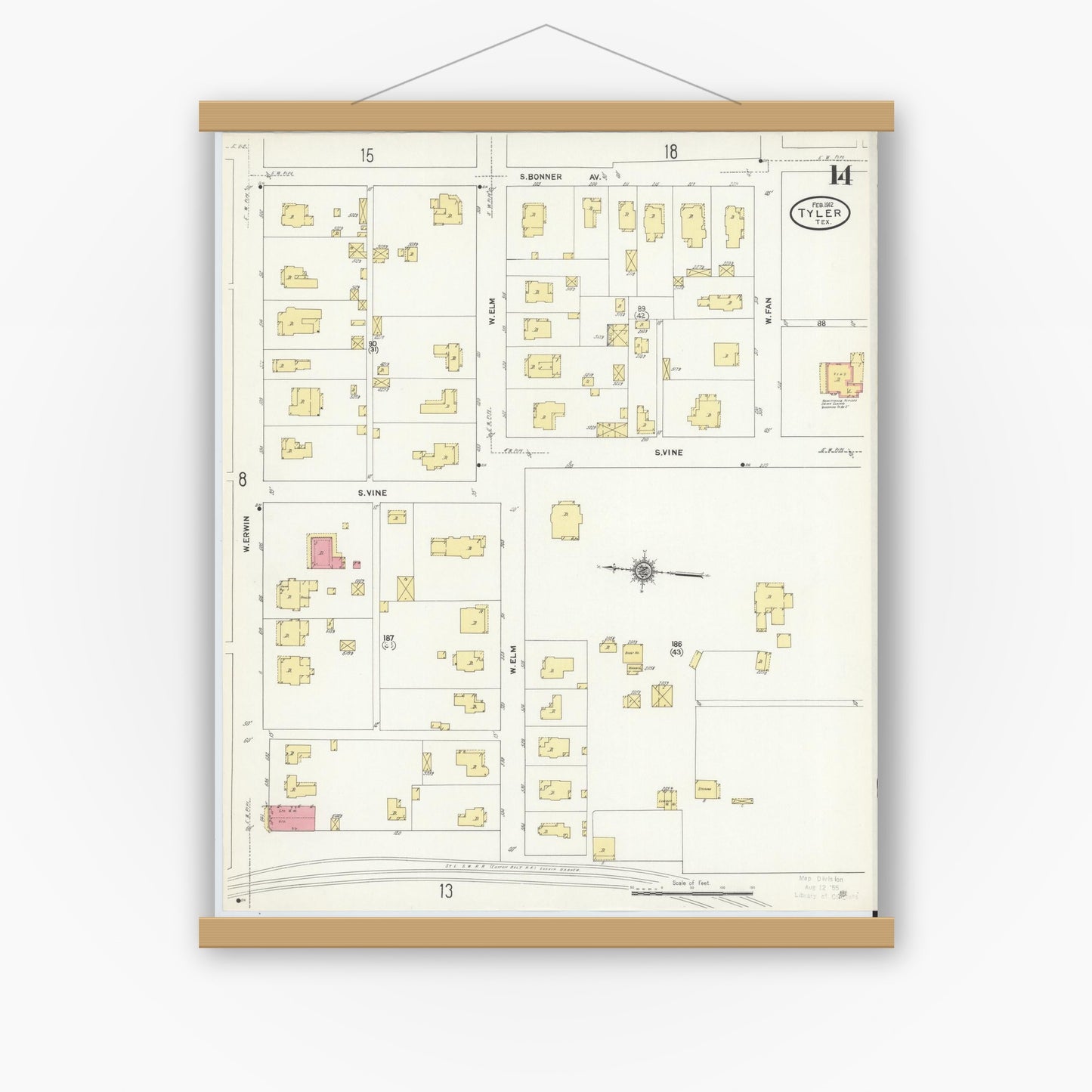 Old map wall art mockup — magnetic wood frame on white wall — Sanborn Fire Insurance Map from Tyler, Smith County, Texas (1912), Sheet #0014