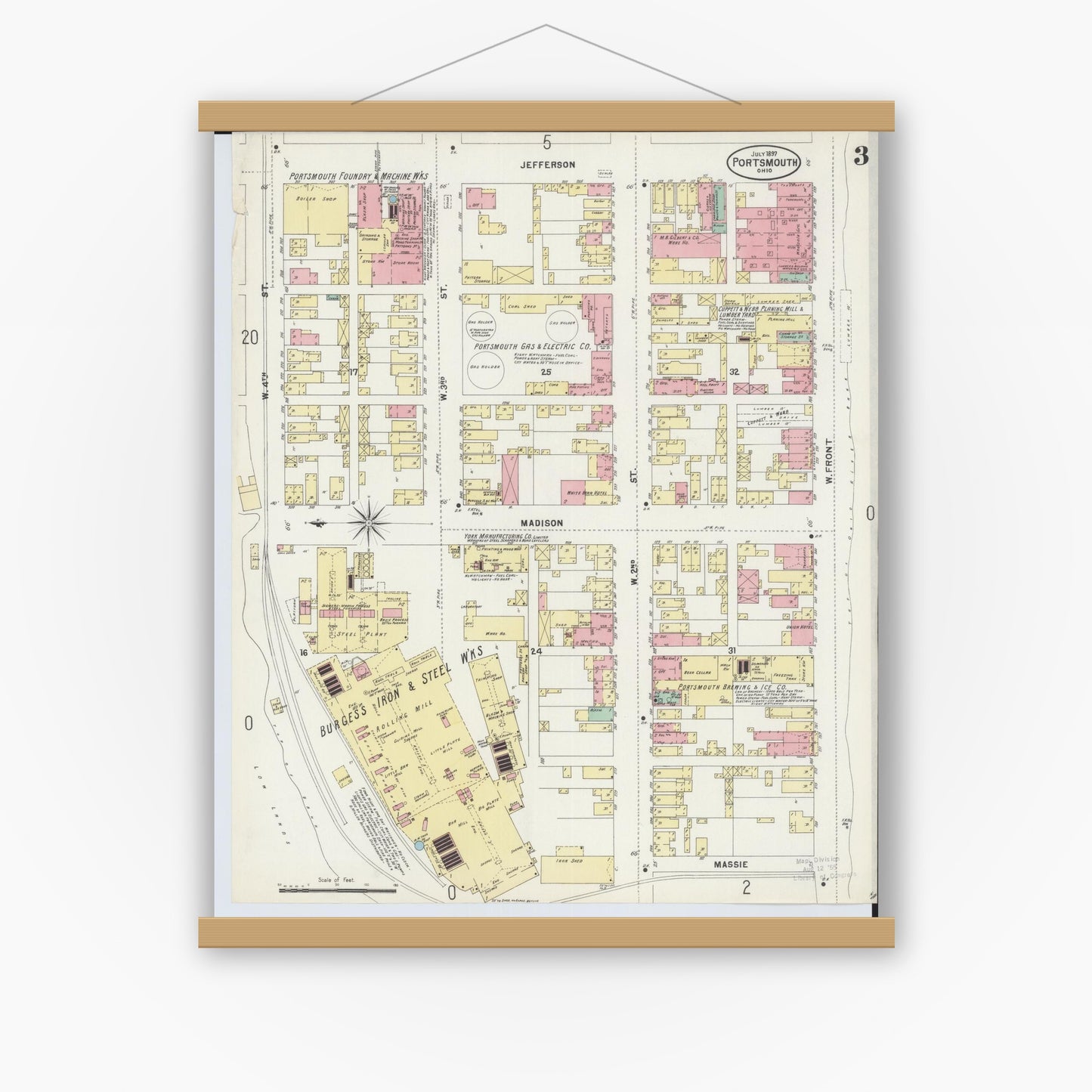 Old map wall art mockup — magnetic wood frame on white wall — Sanborn Fire Insurance Map from Portsmouth, Scioto County, Ohio (1897), Sheet #0003