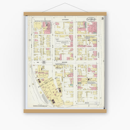 Old map wall art mockup — magnetic wood frame on white wall — Sanborn Fire Insurance Map from Portsmouth, Scioto County, Ohio (1897), Sheet #0003