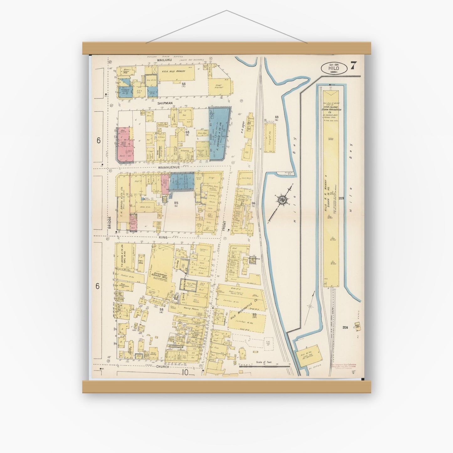 Old map wall art mockup — magnetic wood frame on white wall — Sanborn Fire Insurance Map from Hilo, Hawaii County, Hawaii (1914), Sheet #0007