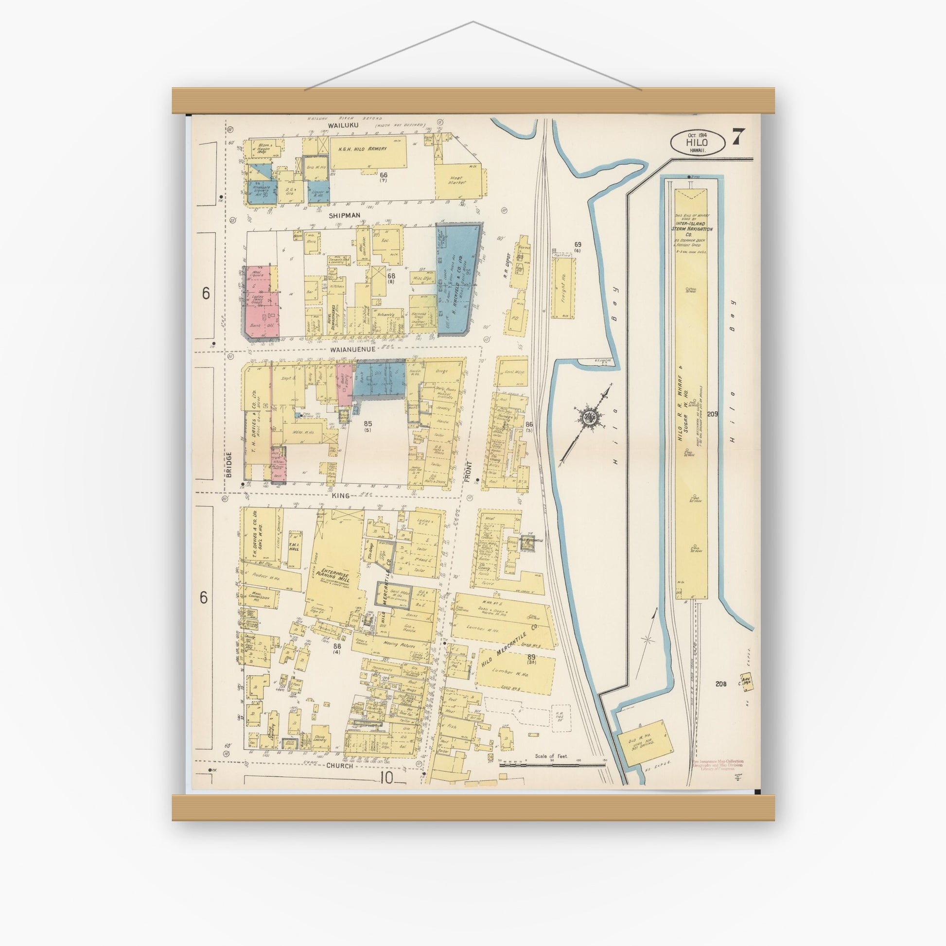 Old map wall art mockup — magnetic wood frame on white wall — Sanborn Fire Insurance Map from Hilo, Hawaii County, Hawaii (1914), Sheet #0007