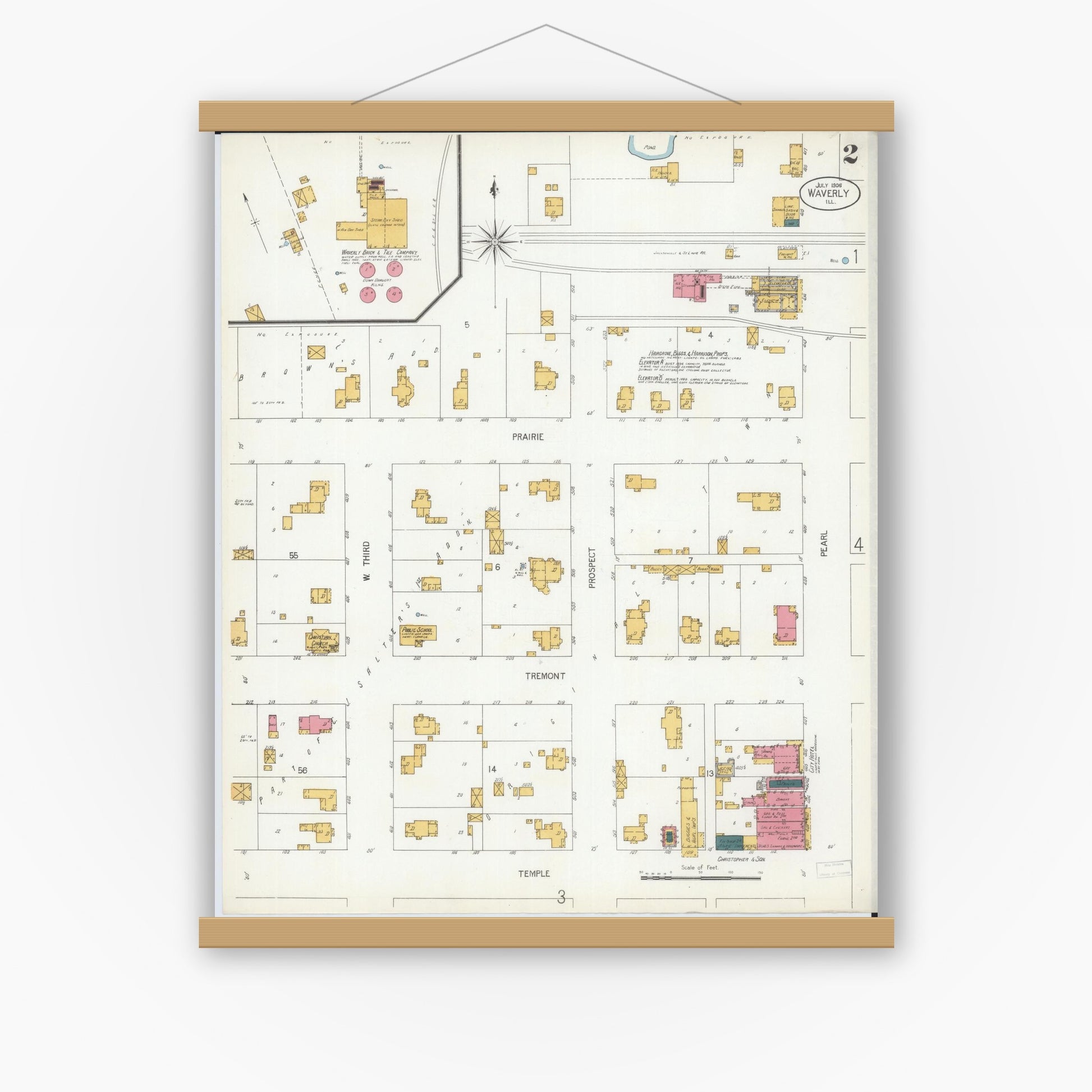 Old map wall art mockup — magnetic wood frame on white wall — Sanborn Fire Insurance Map from Waverly, Morgan County, Illinois (1906), Sheet #0002