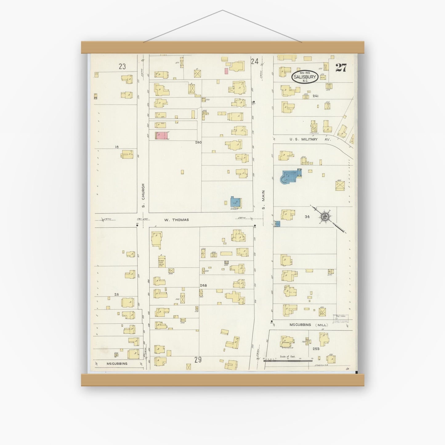 Old map wall art mockup — magnetic wood frame on white wall — Sanborn Fire Insurance Map from Salisbury, Rowan County, North Carolina (1913), Sheet #0027