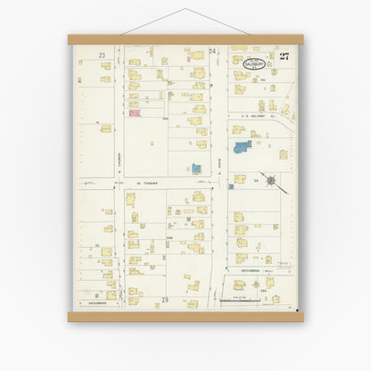 Old map wall art mockup — magnetic wood frame on white wall — Sanborn Fire Insurance Map from Salisbury, Rowan County, North Carolina (1913), Sheet #0027