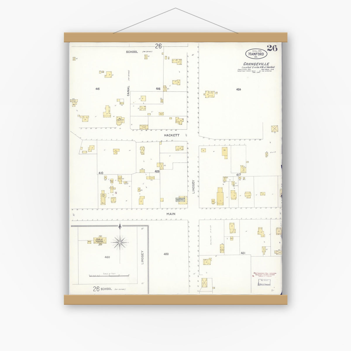 Old map wall art mockup — magnetic wood frame on white wall — Sanborn Fire Insurance Map from Hanford, Kings County, California (1905), Sheet #0026