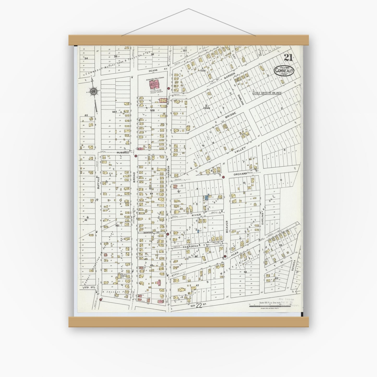 Old map wall art mockup — magnetic wood frame on white wall — Sanborn Fire Insurance Map from Conneaut, Ashtabula County, Ohio (1919), Sheet #0021