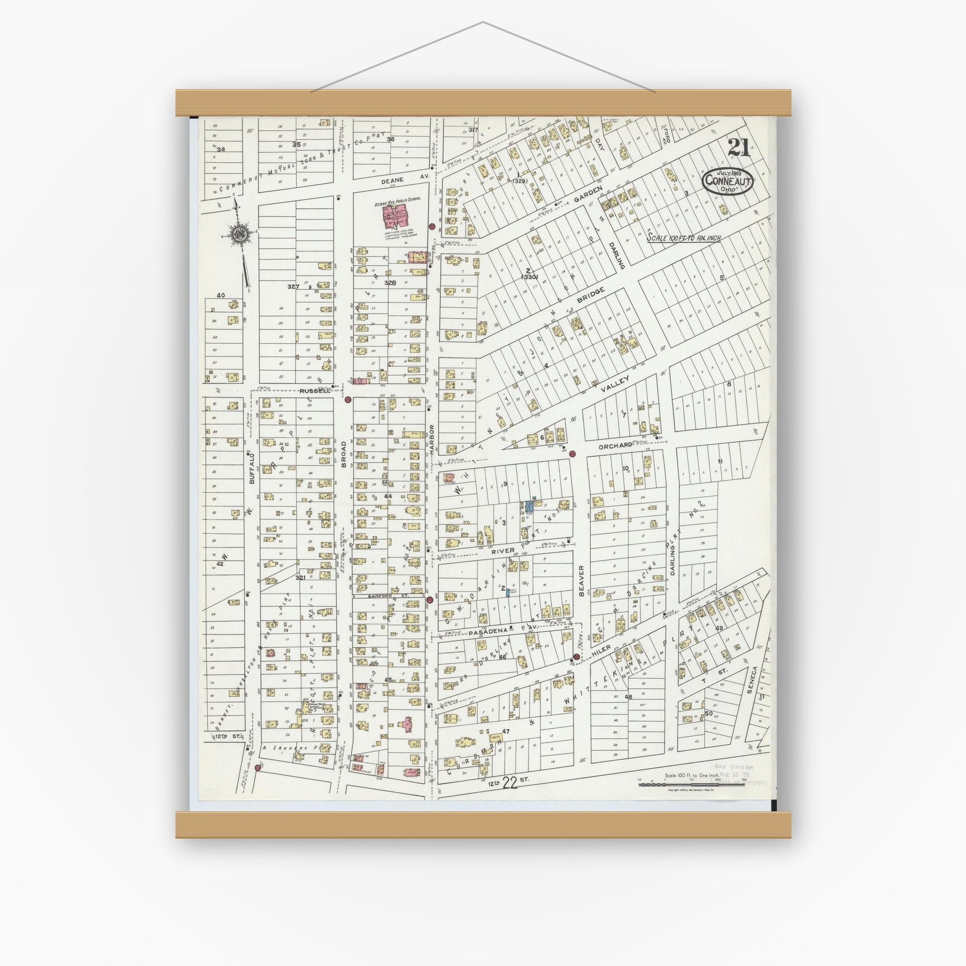 Old map wall art mockup — magnetic wood frame on white wall — Sanborn Fire Insurance Map from Conneaut, Ashtabula County, Ohio (1919), Sheet #0021