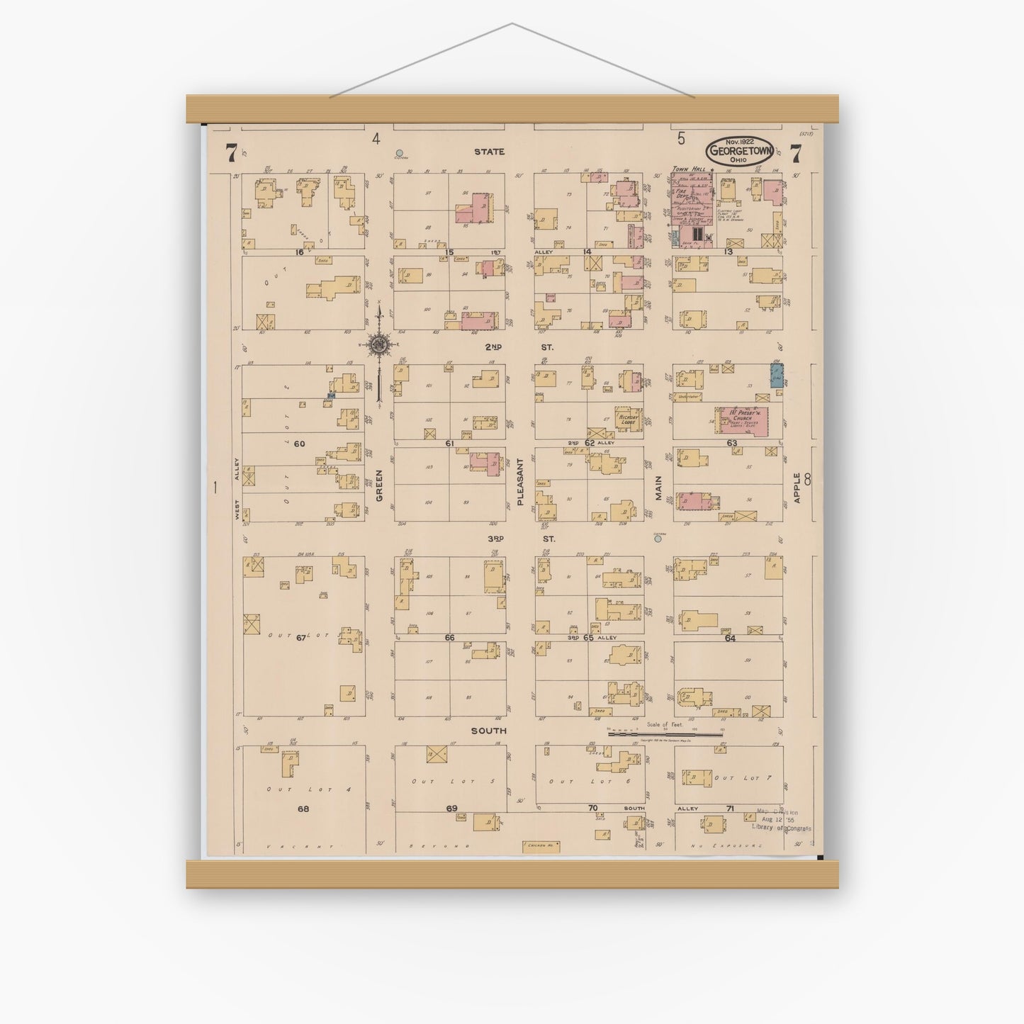 Old map wall art mockup — magnetic wood frame on white wall — Sanborn Fire Insurance Map from Georgetown, Brown County, Ohio (1922), Sheet #0007