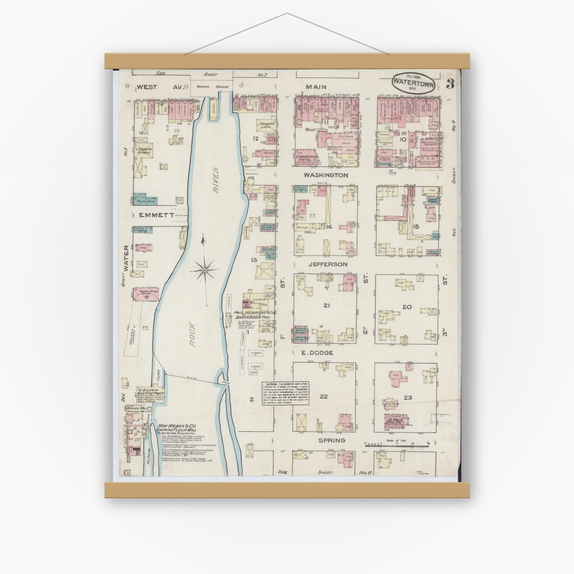 Old map wall art mockup — magnetic wood frame on white wall — Sanborn Fire Insurance Map from Watertown, Jefferson County, Wisconsin (1884), Sheet #0003