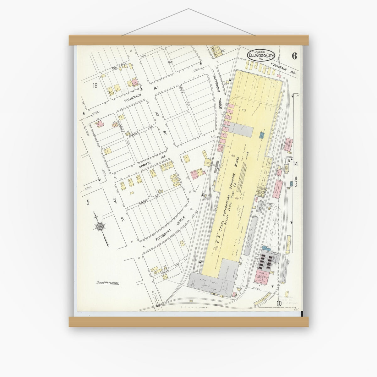 Old map wall art mockup — magnetic wood frame on white wall — Sanborn Fire Insurance Map from Ellwood City, Lawrence County, Pennsylvania (1914), Sheet #0006