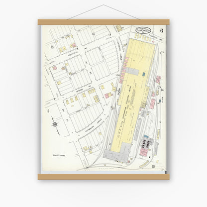 Old map wall art mockup — magnetic wood frame on white wall — Sanborn Fire Insurance Map from Ellwood City, Lawrence County, Pennsylvania (1914), Sheet #0006