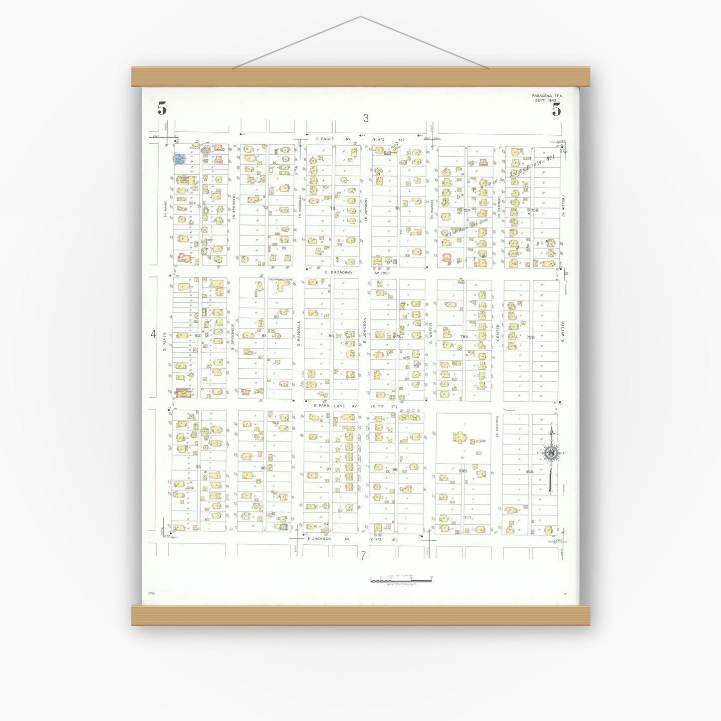 Old map wall art mockup — magnetic wood frame on white wall — Sanborn Fire Insurance Map from Pasadena, Harris County, Texas (1943), Sheet #0005