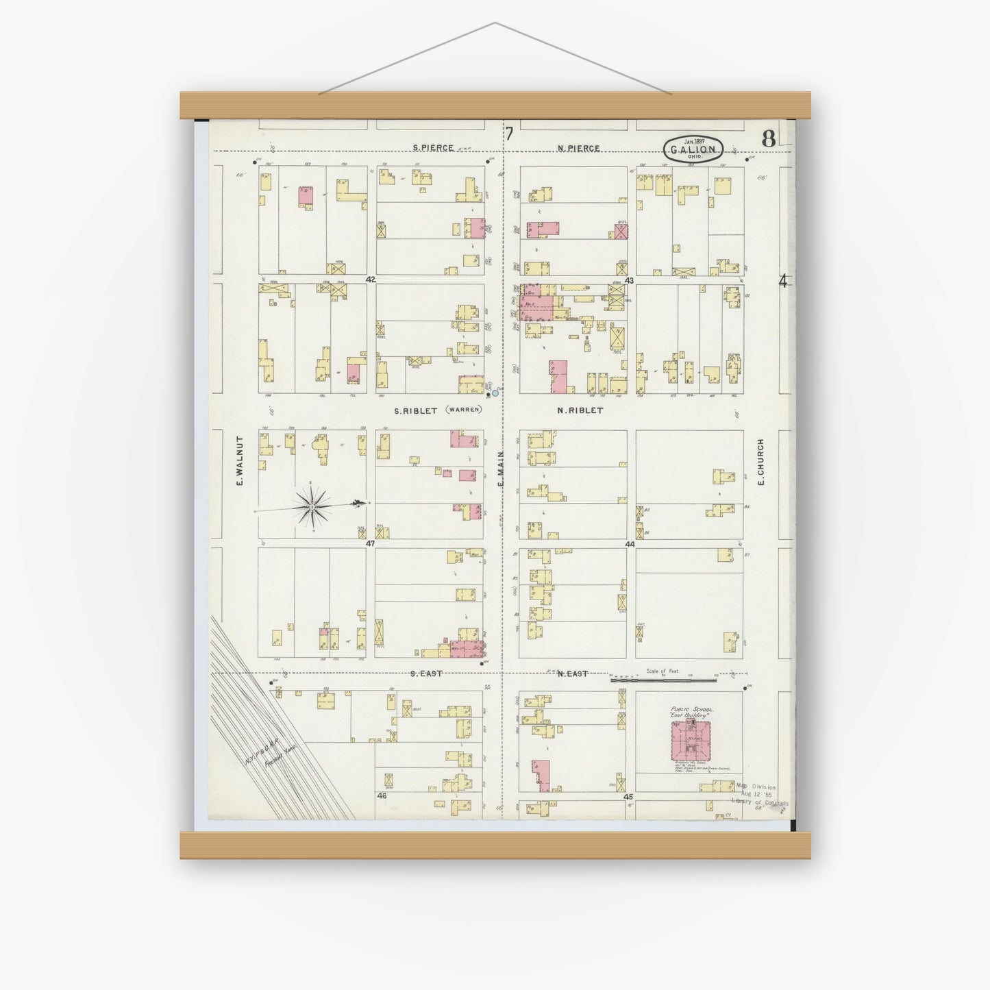 Old map wall art mockup — magnetic wood frame on white wall — Sanborn Fire Insurance Map from Galion, Crawford County, Ohio (1897), Sheet #0008