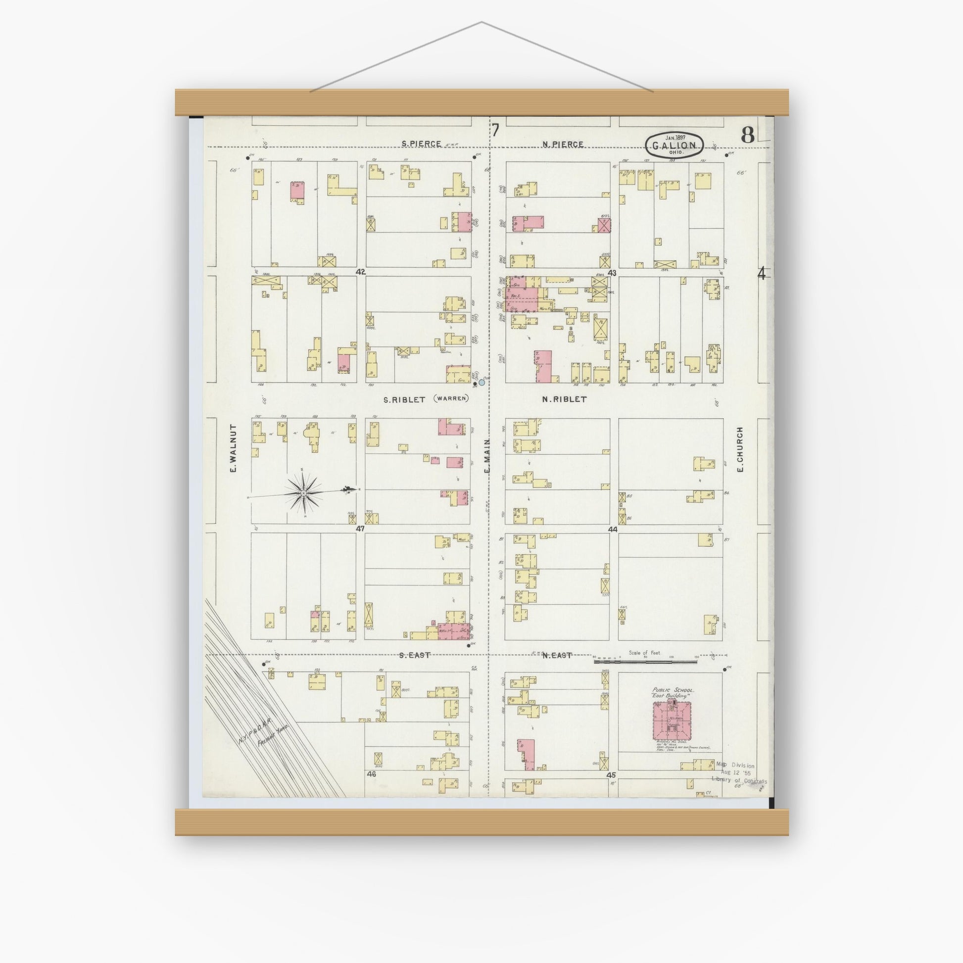 Old map wall art mockup — magnetic wood frame on white wall — Sanborn Fire Insurance Map from Galion, Crawford County, Ohio (1897), Sheet #0008
